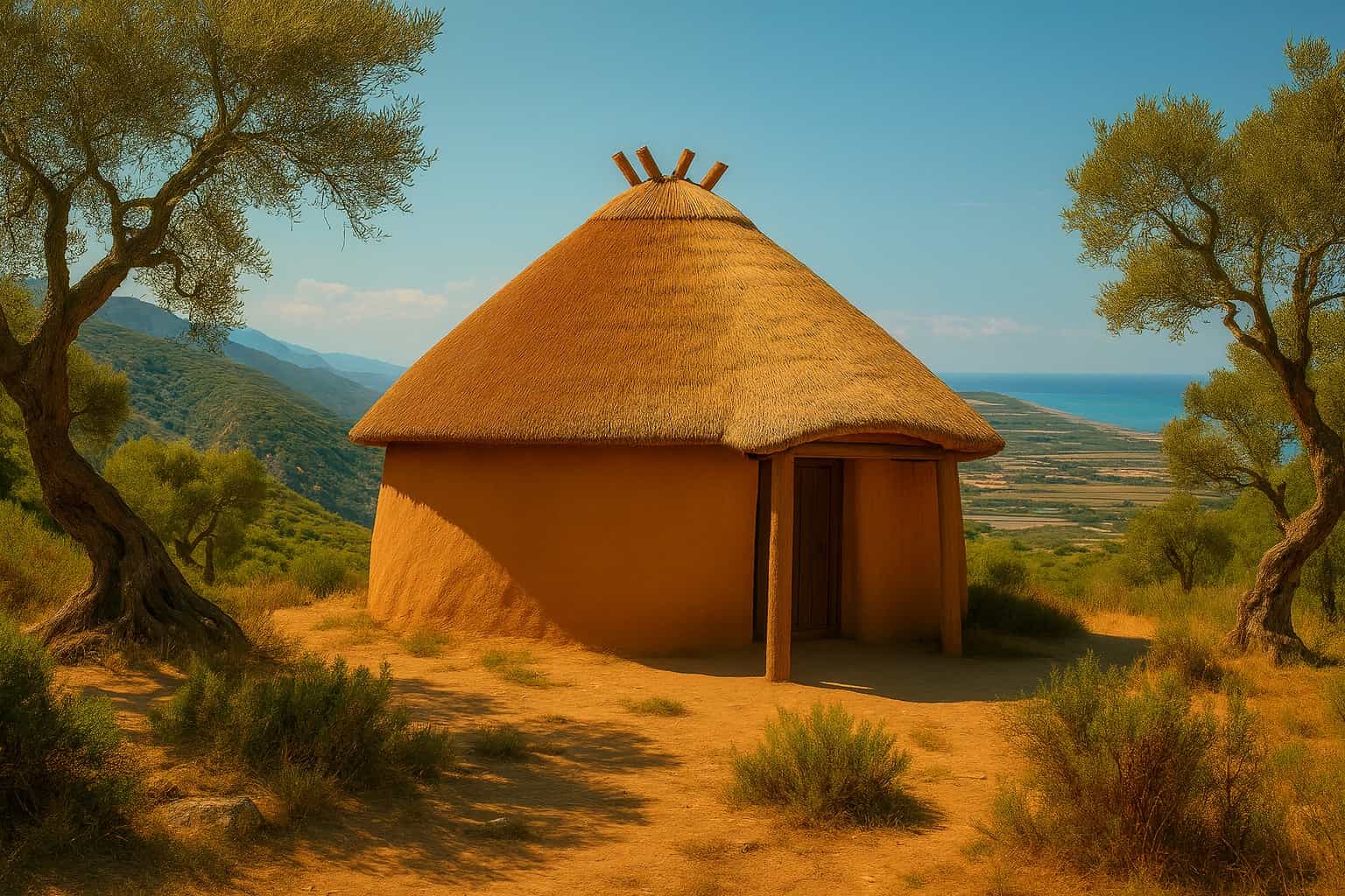 Ricostruzione di una capanna enotria con planimetria a ferro di cavallo (generata con intelligenza artificiale).